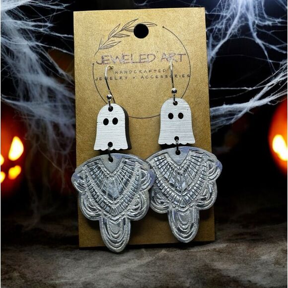 JEWELED ART Ghosts on Chandeliers Dangle Hand-Painted Wood Earrings Halloween - Picture 1 of 3